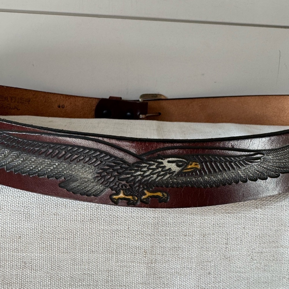 Men's Brown Tooled Bald Eagle Genuine Leather Belt - Picture 9 of 11